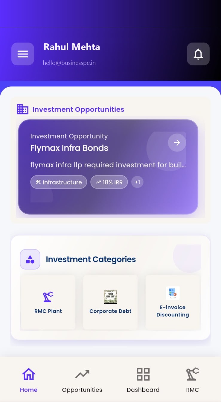 BusinessPe app home screen showing wallet balance, an investment opportunity in Flymax Infra Bonds, and investment categories including RMC Plant