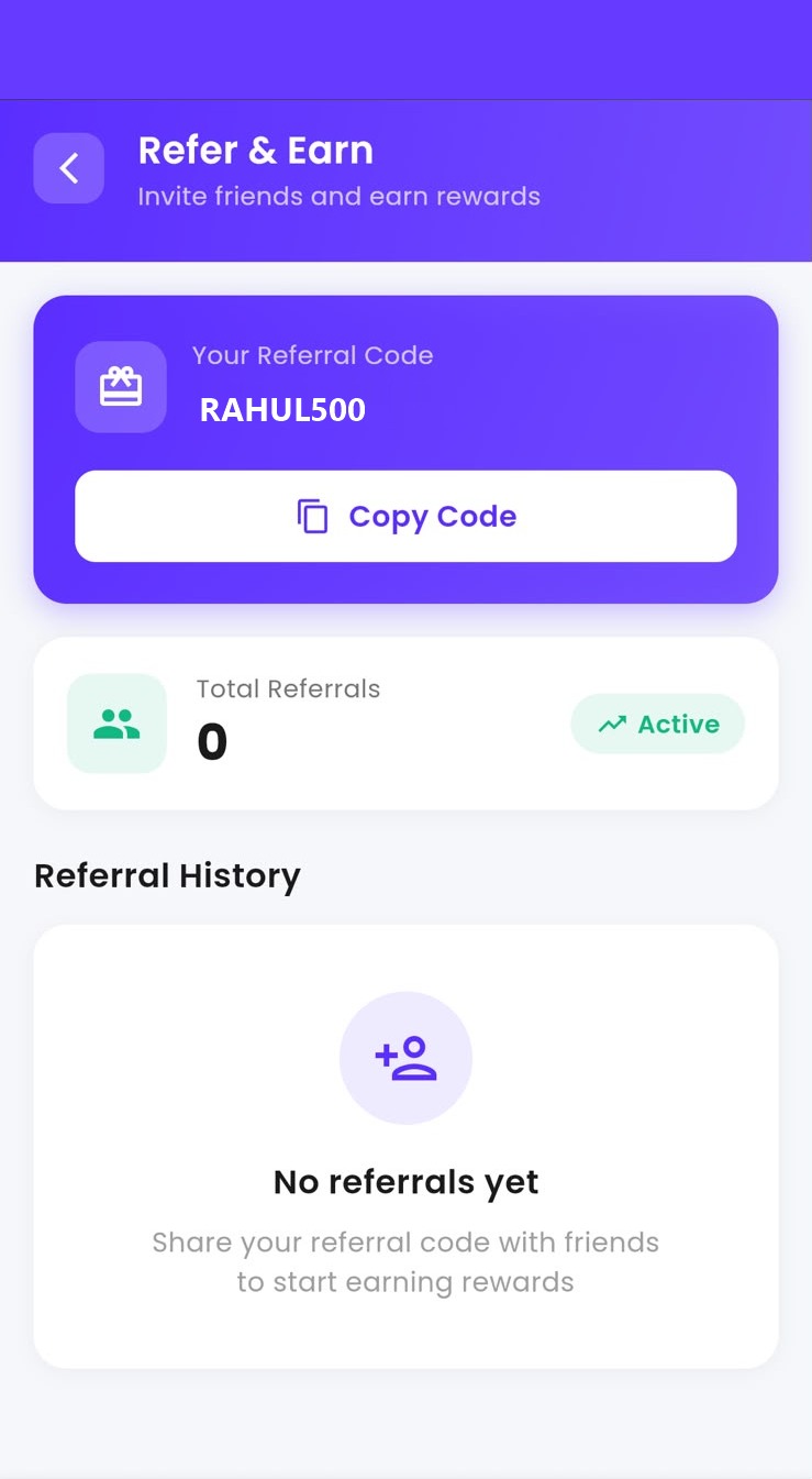 BusinessPe Refer & Earn screen showing referral code RAHUL500 and referral history