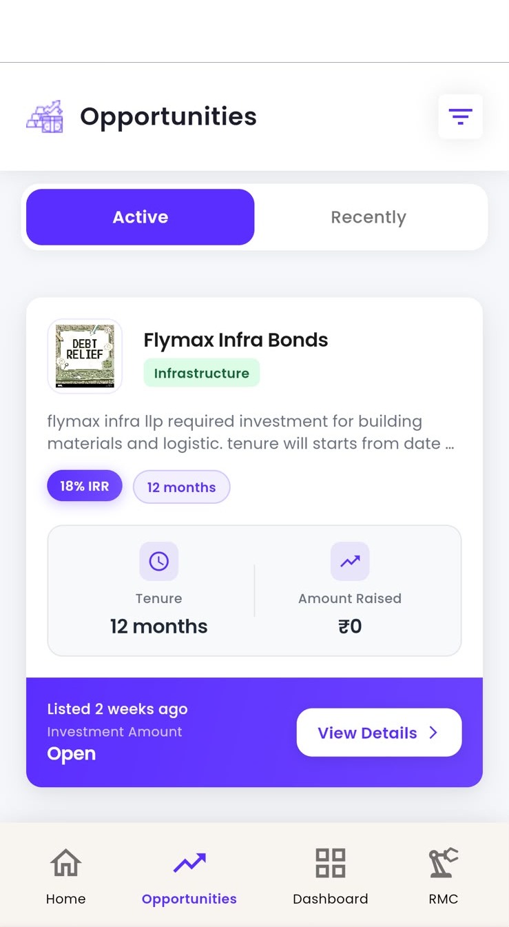 BusinessPe Opportunities screen showing the Flymax Infra Bonds investment listing